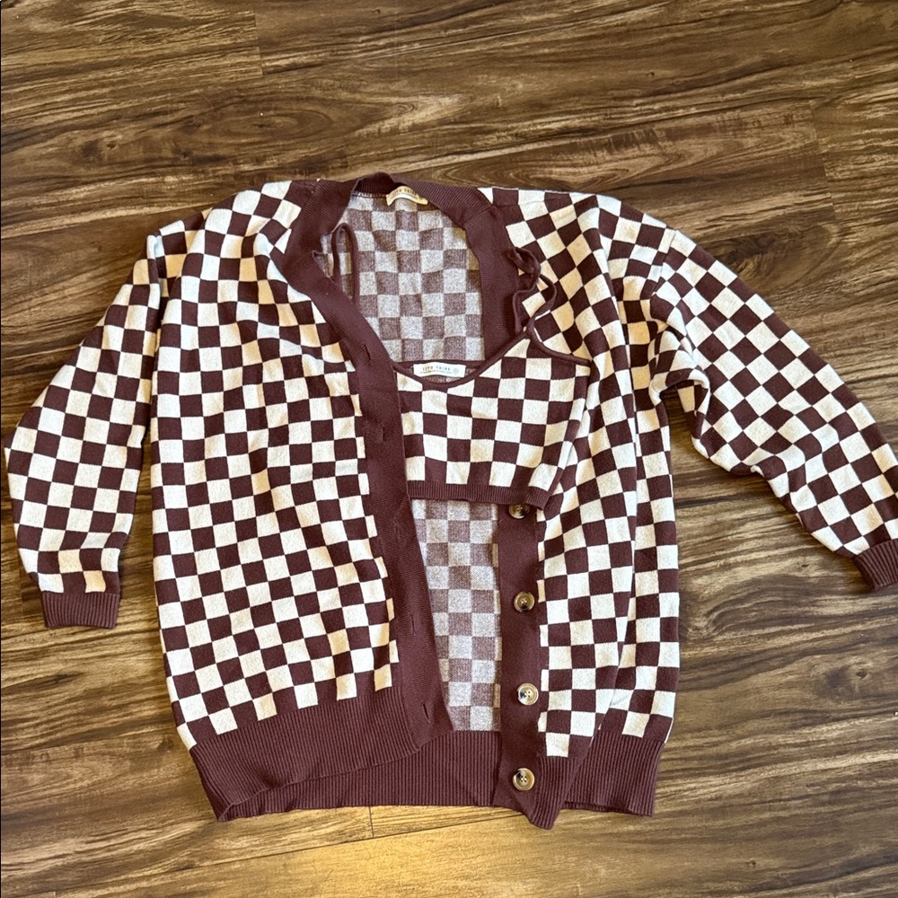 12th Tribe Checked  Button-Front Cardigan in Brown and Cream with Bra, Size S